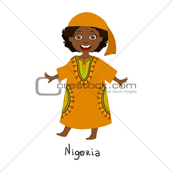 Girl In Nigeria Country National Clothes, Wearing Orange Dress nd Bandana Traditional For The Nation
