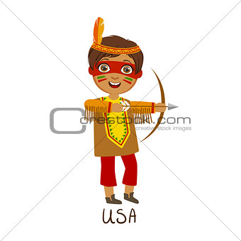 Boy In Native American Country National Clothes, Wearing Feather Headdress And A Bow Traditional For The Nation