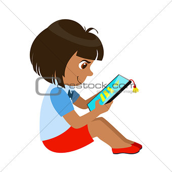 Girl Sitting Reading And Electronic Book, Part Of Kids And Modern Gadgets Series Of Vector Illustrations