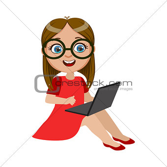 Girl In Red Dress Sitting With Lap Top, Part Of Kids And Modern Gadgets Series Of Vector Illustrations