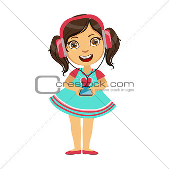 Girl listening To Music From Smartphone Through Headphones, Part Of Kids And Modern Gadgets Series Of Vector Illustrations