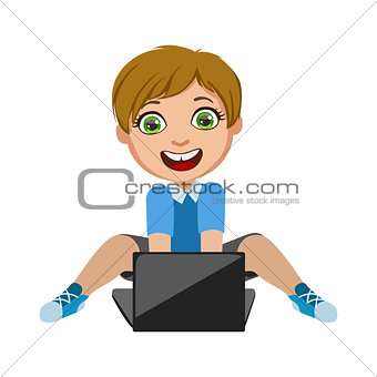 Boy Playing Video Games On Lap Top, Part Of Kids And Modern Gadgets Series Of Vector Illustrations