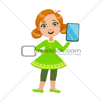 Girl Standing Showing Her Tablet, Part Of Kids And Modern Gadgets Series Of Vector Illustrations