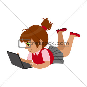 Girl Laying On The Belly With Lap Top, Part Of Kids And Modern Gadgets Series Of Vector Illustrations