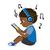 Boy Reading Text From Tablet And Listening To Music Through Headphones, Part Of Kids And Modern Gadgets Series Of Vector Illustrations