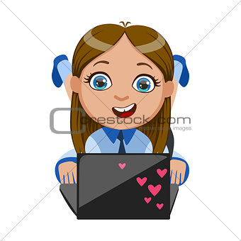 Girl Chatting On Her Lap Top, Part Of Kids And Modern Gadgets Series Of Vector Illustrations