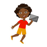 Boy Running With Tablet, Part Of Kids And Modern Gadgets Series Of Vector Illustrations
