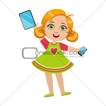 Girl Holding Tablet And Smartphone, Part Of Kids And Modern Gadgets Series Of Vector Illustrations