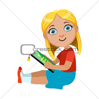 Brond Girl Sitting Reading Electronic Book, Part Of Kids And Modern Gadgets Series Of Vector Illustrations