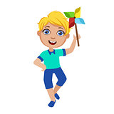 Boy With Toy Windmill, Part Of Kids At The Birthday Party Set Of Cute Cartoon Characters With Celebration Attributes