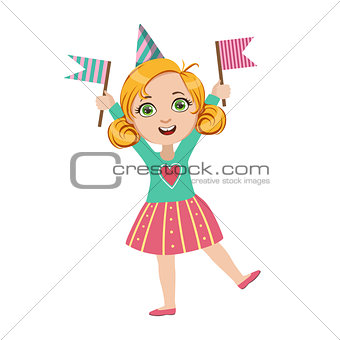 Girl With Two Flags, Part Of Kids At The Birthday Party Set Of Cute Cartoon Characters With Celebration Attributes