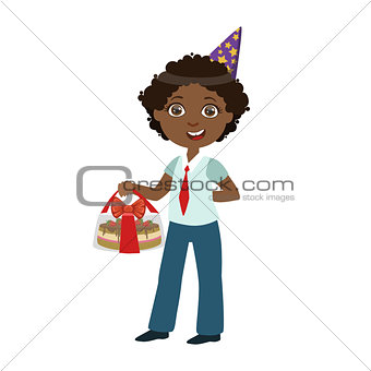 Boy With Cake In Box, Part Of Kids At The Birthday Party Set Of Cute Cartoon Characters With Celebration Attributes