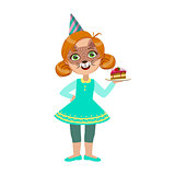 Girl In Cat Mask With Cake Piece, Part Of Kids At The Birthday Party Set Of Cute Cartoon Characters With Celebration Attributes