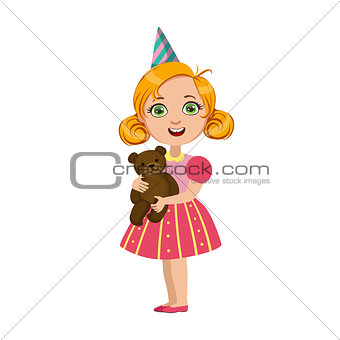 Girl With Teddy Bear, Part Of Kids At The Birthday Party Set Of Cute Cartoon Characters With Celebration Attributes