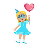 Girl In Butterfly Mask With Balloon, Part Of Kids At The Birthday Party Set Of Cute Cartoon Characters With Celebration Attributes
