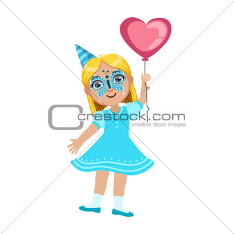 Girl In Butterfly Mask With Balloon, Part Of Kids At The Birthday Party Set Of Cute Cartoon Characters With Celebration Attributes