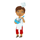 Boy Mixing Sauce In Bowl With Whip, Cute Kid In Chief Toque Hat Cooking Food Vector Illustration