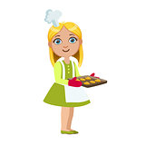 Girl With Tray Of Cookies, Cute Kid In Chief Toque Hat Cooking Food Vector Illustration