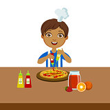 Boy Making Pizza, Cute Kid In Chief Toque Hat Cooking Food Vector Illustration