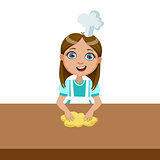 Girl Kneading The Dough, Cute Kid In Chief Toque Hat Cooking Food Vector Illustration