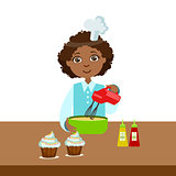 Boy Using Mixer In Bowl, Cute Kid In Chief Toque Hat Cooking Food Vector Illustration