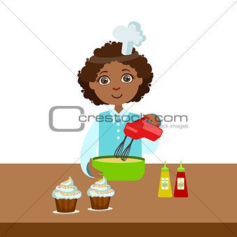 Boy Using Mixer In Bowl, Cute Kid In Chief Toque Hat Cooking Food Vector Illustration