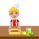 Boy With Rolling Pin, Cute Kid In Chief Toque Hat Cooking Food Vector Illustration