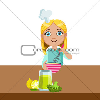 Girl Mixing In Bowl With Whip, Cute Kid In Chief Toque Hat Cooking Food Vector Illustration