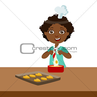 Boy Making Dough For Cookies, Cute Kid In Chief Toque Hat Cooking Food Vector Illustration
