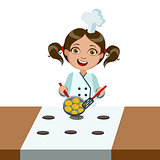 Girl Frying Nuggets On Electric Stove, Cute Kid In Chief Toque Hat Cooking Food Vector Illustration