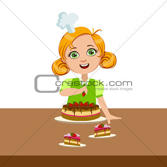 Girl Decorating The Cake, Cute Kid In Chief Toque Hat Cooking Food Vector Illustration