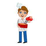 Boy Mixing Dough With Electric Mixer, Cute Kid In Chief Toque Hat Cooking Food Vector Illustration