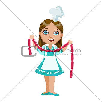 Girl Holding String Of Sausages, Cute Kid In Chief Toque Hat Cooking Food Vector Illustration