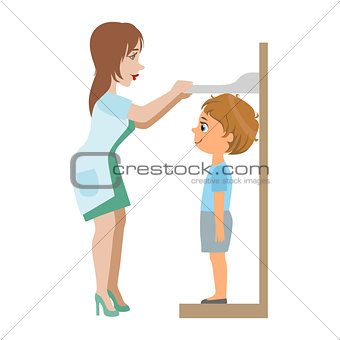 Pediatrician Measuring Heights Of Little Boy, Part Of Kids Taking Health Exam Series Of Illustrations