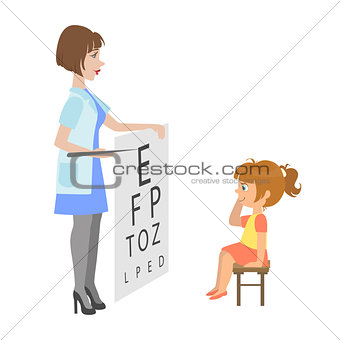 Ophthalmologist Checking Little Girl Eyesight, Part Of Kids Taking Health Exam Series Of Illustrations