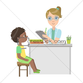 Pediatrician Measuring Temperature Of Little Boy, Part Of Kids Taking Health Exam Series Of Illustrations