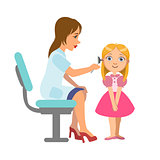 Otolaryngologist Checking Hearing Of A Little Girl, Part Of Kids Taking Health Exam Series Of Illustrations