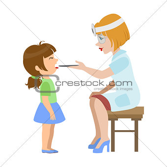 Therapist Checking Throat Of A Little Girl, Part Of Kids Taking Health Exam Series Of Illustrations