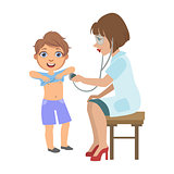 Therapist Checking Boys Lungs With Stethoscope, Part Of Kids Taking Health Exam Series Of Illustrations
