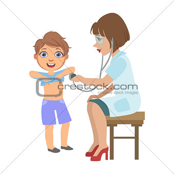 Therapist Checking Boys Lungs With Stethoscope, Part Of Kids Taking Health Exam Series Of Illustrations