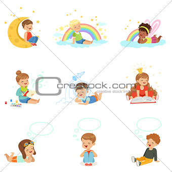 Happy kids dreaming and fantasizing. Cartoon detailed colorful Illustrations