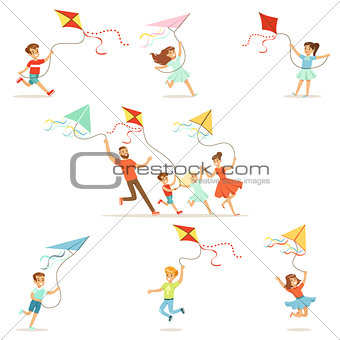 Kids and their parents running with kite happy and smiling. Cartoon detailed colorful Illustrations
