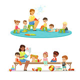 Group of preschool kids and teacher. Teacher reading for kids in the kindergarten. Cartoon detailed colorful Illustrations