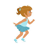 Little girl running in a blue dress, kid in a motion, a colorful character