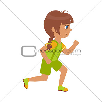 Little girl running in a green shirt and shorts, kid in a motion, a colorful character