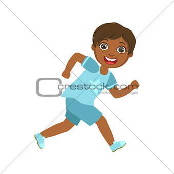 Happy little boy running and smiling, a colorful character
