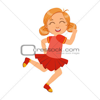Happy little girl running and smiling in red dress, a colorful character