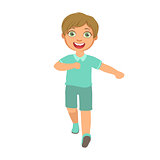 Little boy running in a blue shirt and shorts and smiling, front view, a colorful character
