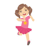 Little girl running in a pink dress, kid in a motion, front view, a colorful character