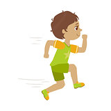 Little boy running in a green shirt and shorts, kid in a motion, a colorful character